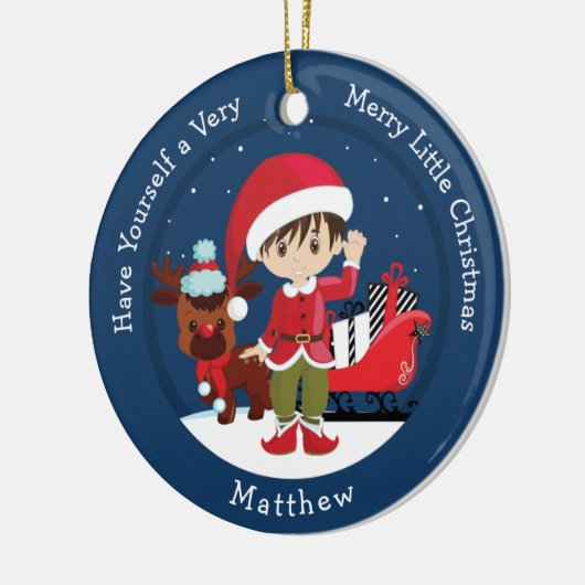 Brunette Boy Elf Keramisch Ornament (Links)