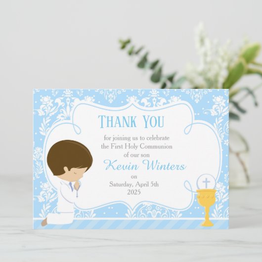 Brunette Boy First Communion Damask Bedankkaart (Staand voorkant)