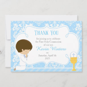Brunette Boy First Communion Damask Bedankkaart