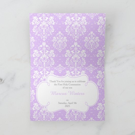 Brunette Boy First Communion Damask "Bedankt" Bedankkaart (Binnen)