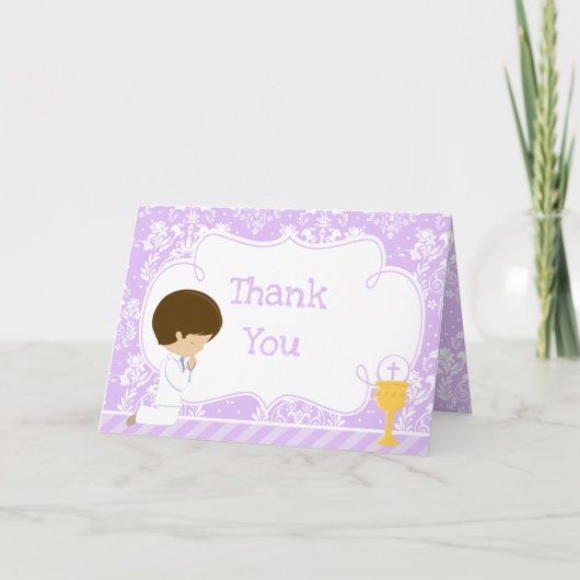 Brunette Boy First Communion Damask "Bedankt" Bedankkaart (Voorkant)