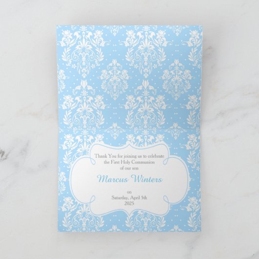 Brunette Boy First Communion Damask "Bedankt" Bedankkaart (Binnen)