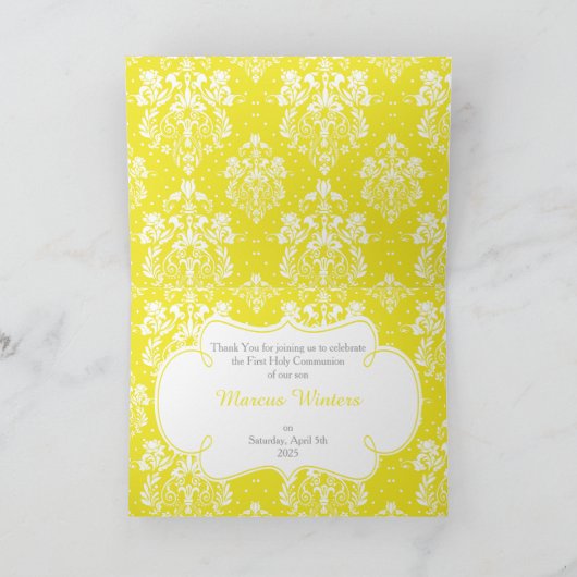 Brunette Boy First Communion Damask "Bedankt" Bedankkaart (Binnen)