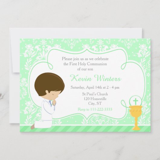 Brunette Boy First Communion Damask Kaart (Voorkant)