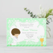 Brunette Boy First Communion Damask Kaart (Staand voorkant)