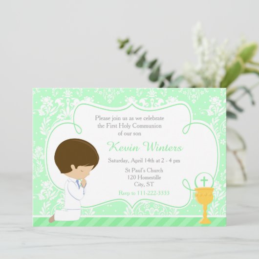 Brunette Boy First Communion Damask Kaart (Staand voorkant)