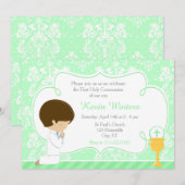 Brunette Boy First Communion Damask Kaart (Voorkant / Achterkant)