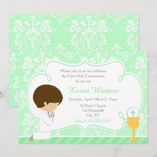 Brunette Boy First Communion Damask Kaart (Voorkant / Achterkant)