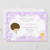 Brunette Boy First Communion Damask Kaart (Voorkant)