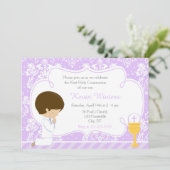 Brunette Boy First Communion Damask Kaart (Staand voorkant)