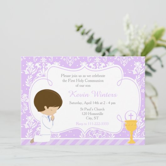 Brunette Boy First Communion Damask Kaart (Staand voorkant)