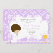 Brunette Boy First Communion Damask Kaart (Voorkant / Achterkant)