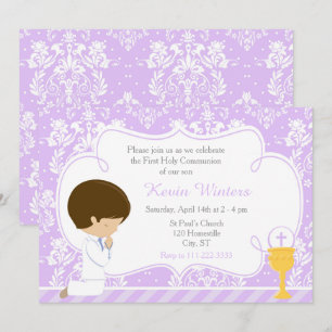 Brunette Boy First Communion Damask Kaart