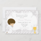 Brunette Boy First Communion Damask Kaart (Voorkant)