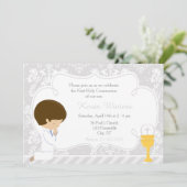 Brunette Boy First Communion Damask Kaart (Staand voorkant)