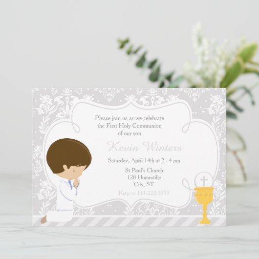 Brunette Boy First Communion Damask Kaart (Staand voorkant)