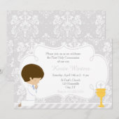 Brunette Boy First Communion Damask Kaart (Voorkant / Achterkant)