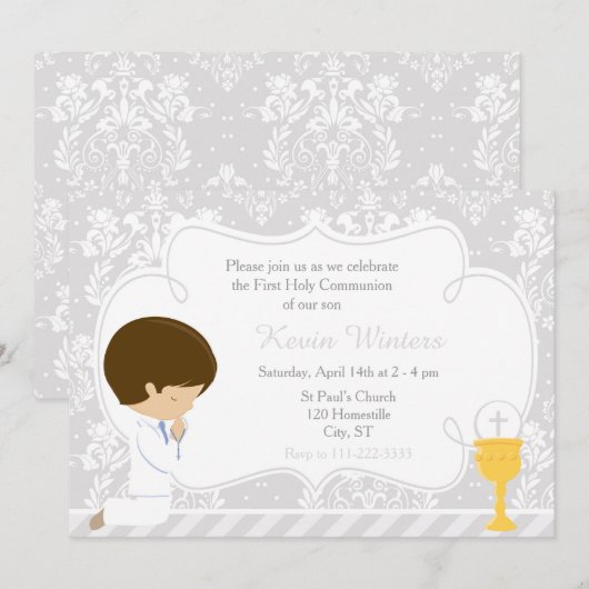 Brunette Boy First Communion Damask Kaart (Voorkant / Achterkant)