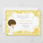 Brunette Boy First Communion Damask Kaart (Voorkant)