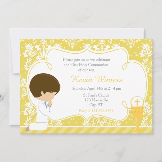 Brunette Boy First Communion Damask Kaart (Voorkant)