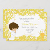 Brunette Boy First Communion Damask Kaart (Voorkant / Achterkant)