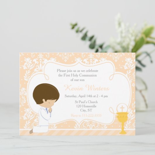 Brunette Boy First Communion Damask Kaart (Staand voorkant)