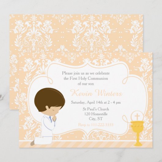 Brunette Boy First Communion Damask Kaart (Voorkant / Achterkant)