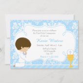 Brunette Boy First Communion Damask Kaart (Voorkant)