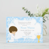 Brunette Boy First Communion Damask Kaart (Staand voorkant)