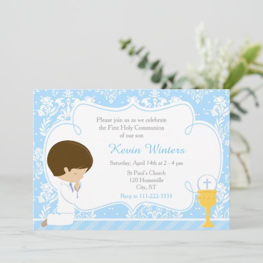Brunette Boy First Communion Damask Kaart (Staand voorkant)