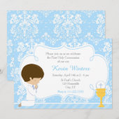 Brunette Boy First Communion Damask Kaart (Voorkant / Achterkant)