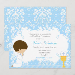 Brunette Boy First Communion Damask Kaart