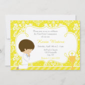 Brunette Boy First Communion Damask Kaart (Voorkant)