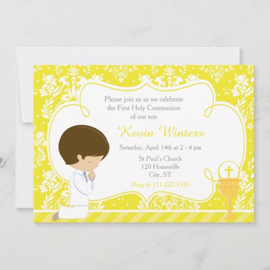 Brunette Boy First Communion Damask Kaart (Voorkant)