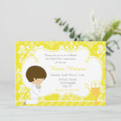 Brunette Boy First Communion Damask Kaart (Staand voorkant)