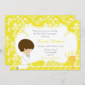 Brunette Boy First Communion Damask Kaart (Voorkant / Achterkant)