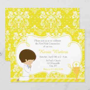 Brunette Boy First Communion Damask Kaart
