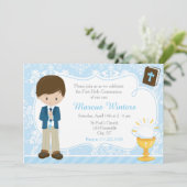 Brunette Boy First Communion Damask Kaart (Staand voorkant)