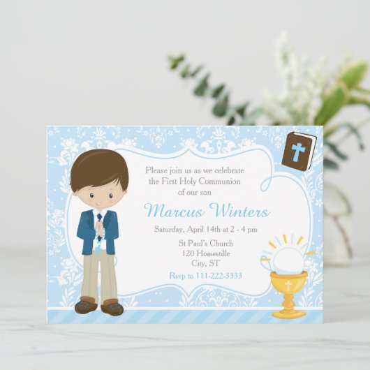 Brunette Boy First Communion Damask Kaart (Staand voorkant)