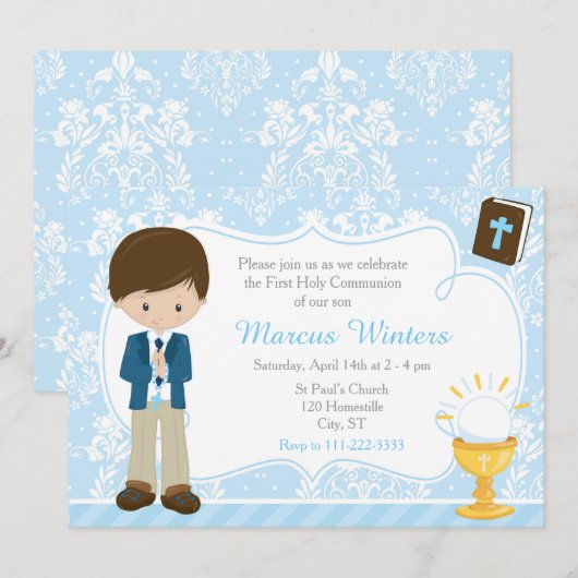 Brunette Boy First Communion Damask Kaart (Voorkant / Achterkant)