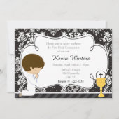 Brunette Boy First Communion Damask Kaart (Voorkant)