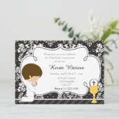 Brunette Boy First Communion Damask Kaart (Staand voorkant)