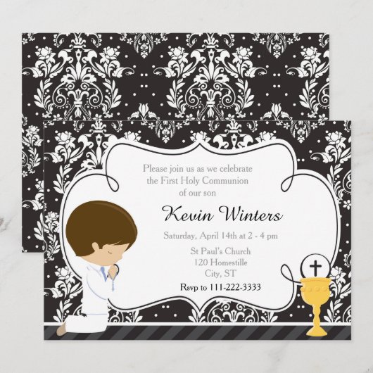 Brunette Boy First Communion Damask Kaart (Voorkant / Achterkant)