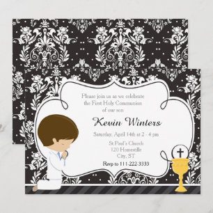 Brunette Boy First Communion Damask Kaart