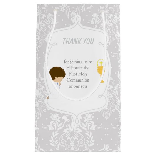 Brunette Boy First Communion Damask Klein Cadeauzakje (Voorkant)