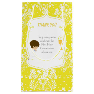 Brunette Boy First Communion Damask Klein Cadeauzakje
