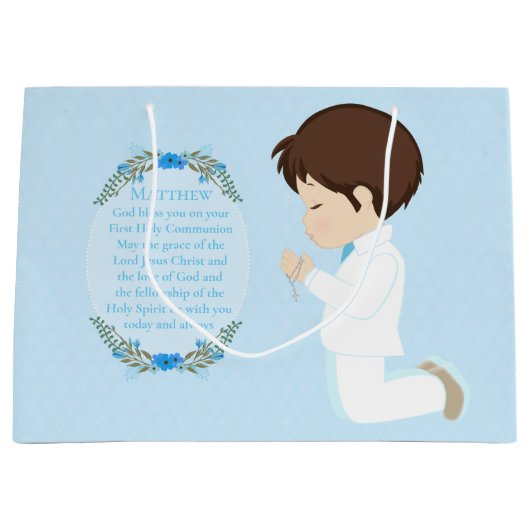 Brunette Boy First Communion Gift Bag Groot Cadeauzakje (Voorkant)