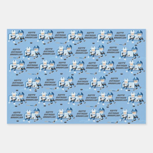Brunette Boy Hockey Personalized Inpakpapier Vel (Voorkant)