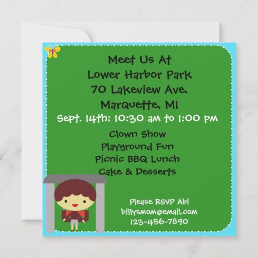Brunette Boy Party in the Park Invite Kaart (Achterkant)