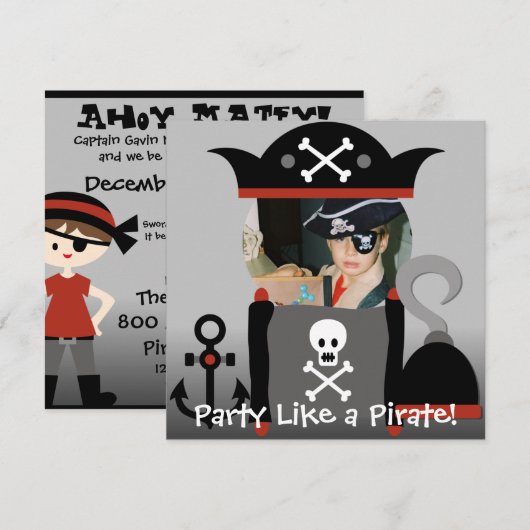 Brunette Boy Party Like a Pirate Verjaardag nodigt Kaart (Voorkant / Achterkant)